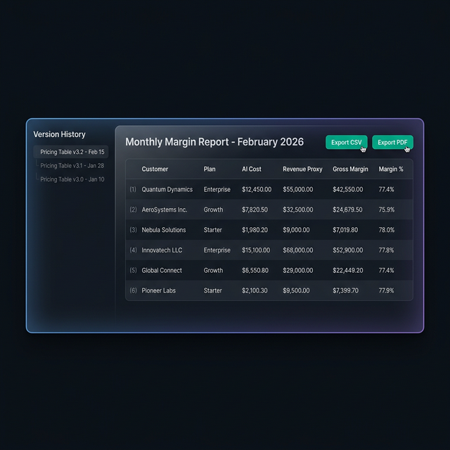 Finance-ready monthly margin export with version history